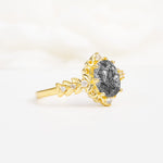 Oval Cut Black Rutilated Quartz Floral Leaf Halo Engagement Ring - Additional view