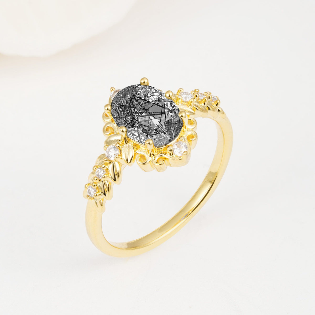 Oval Cut Black Rutilated Quartz Floral Leaf Halo Engagement Ring - Additional view