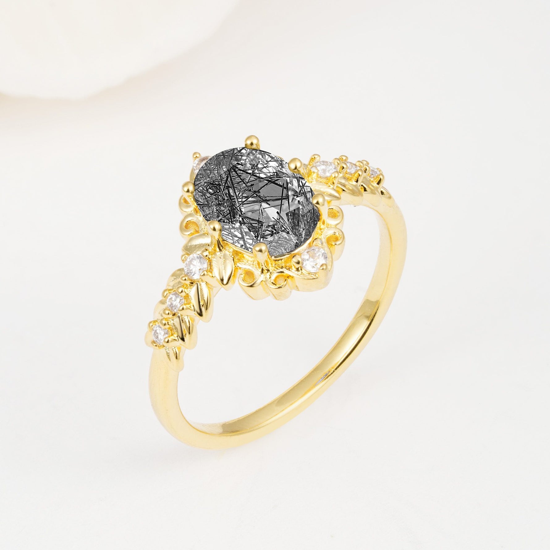 Oval Cut Black Rutilated Quartz Floral Leaf Halo Engagement Ring - Additional view