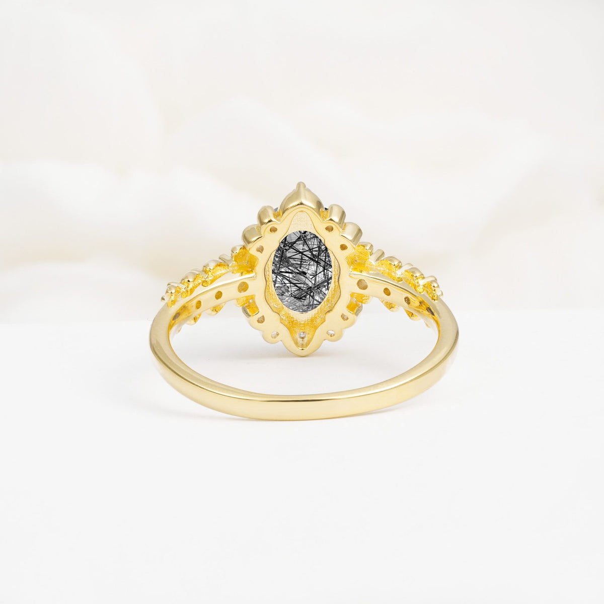 Oval Cut Black Rutilated Quartz Floral Leaf Halo Engagement Ring - Additional view