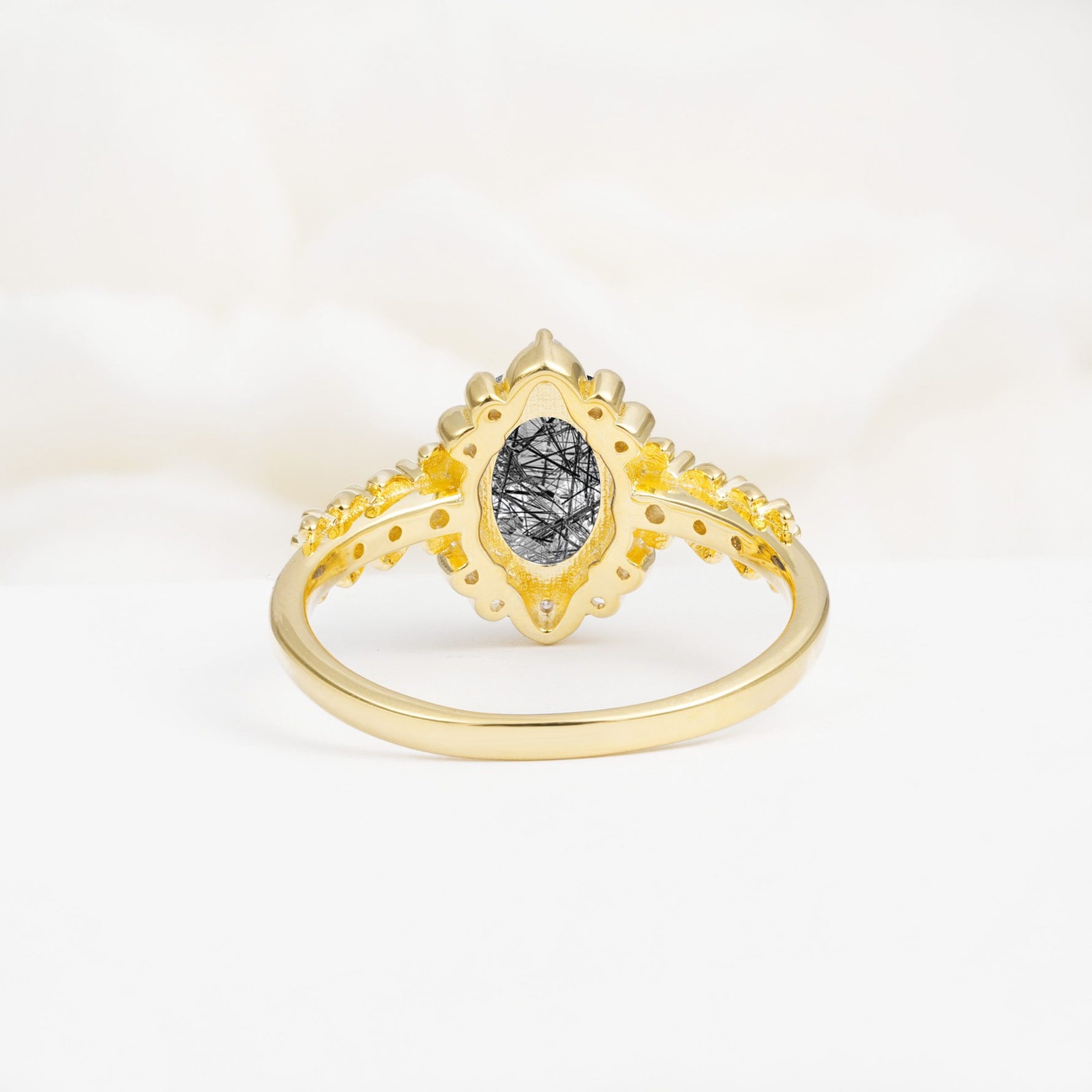 Oval Cut Black Rutilated Quartz Floral Leaf Halo Engagement Ring - Additional view