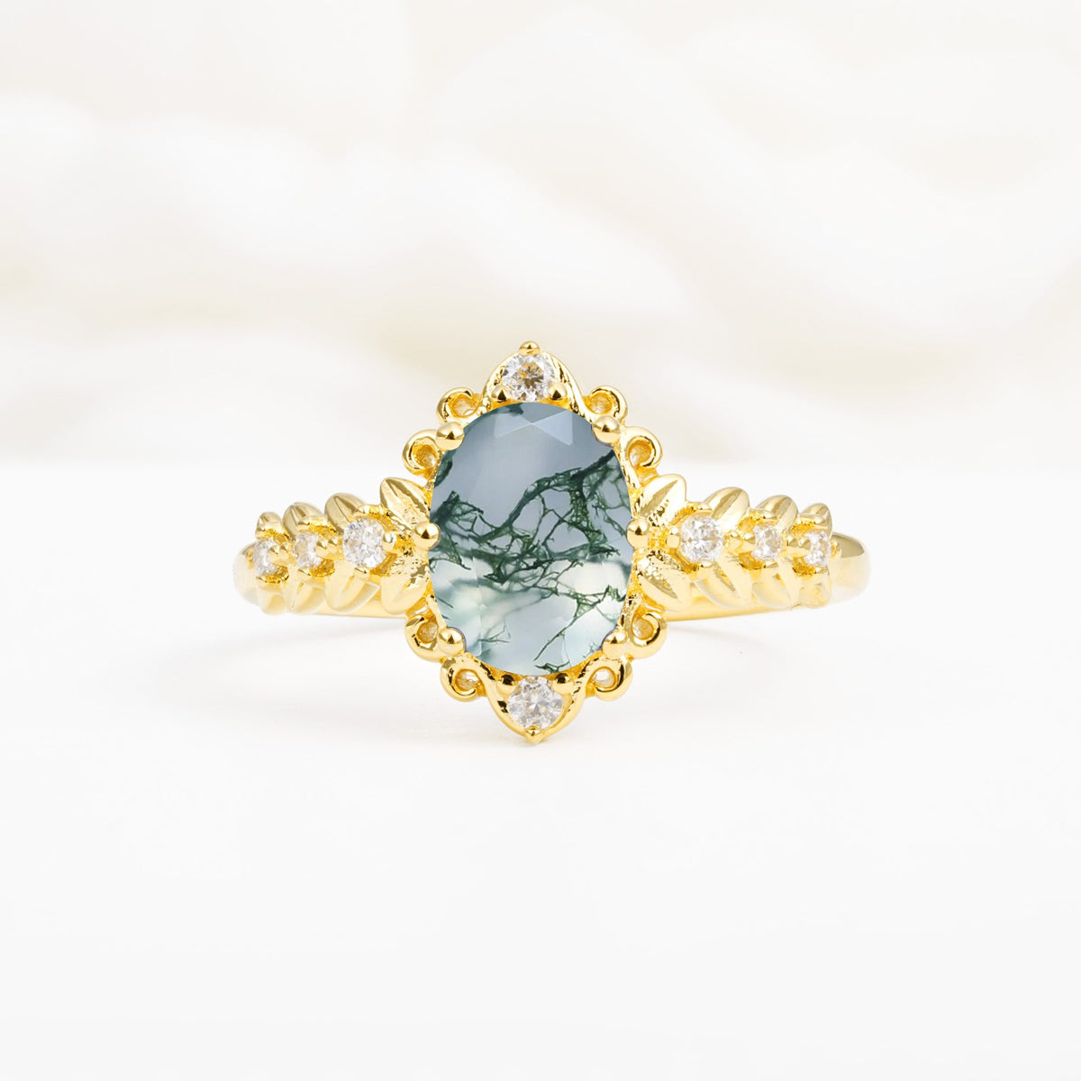 Oval Cut Moss Agate Floral Leaf Halo Engagement Ring - Additional view