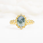 Oval Cut Moss Agate Floral Leaf Halo Engagement Ring - Additional view