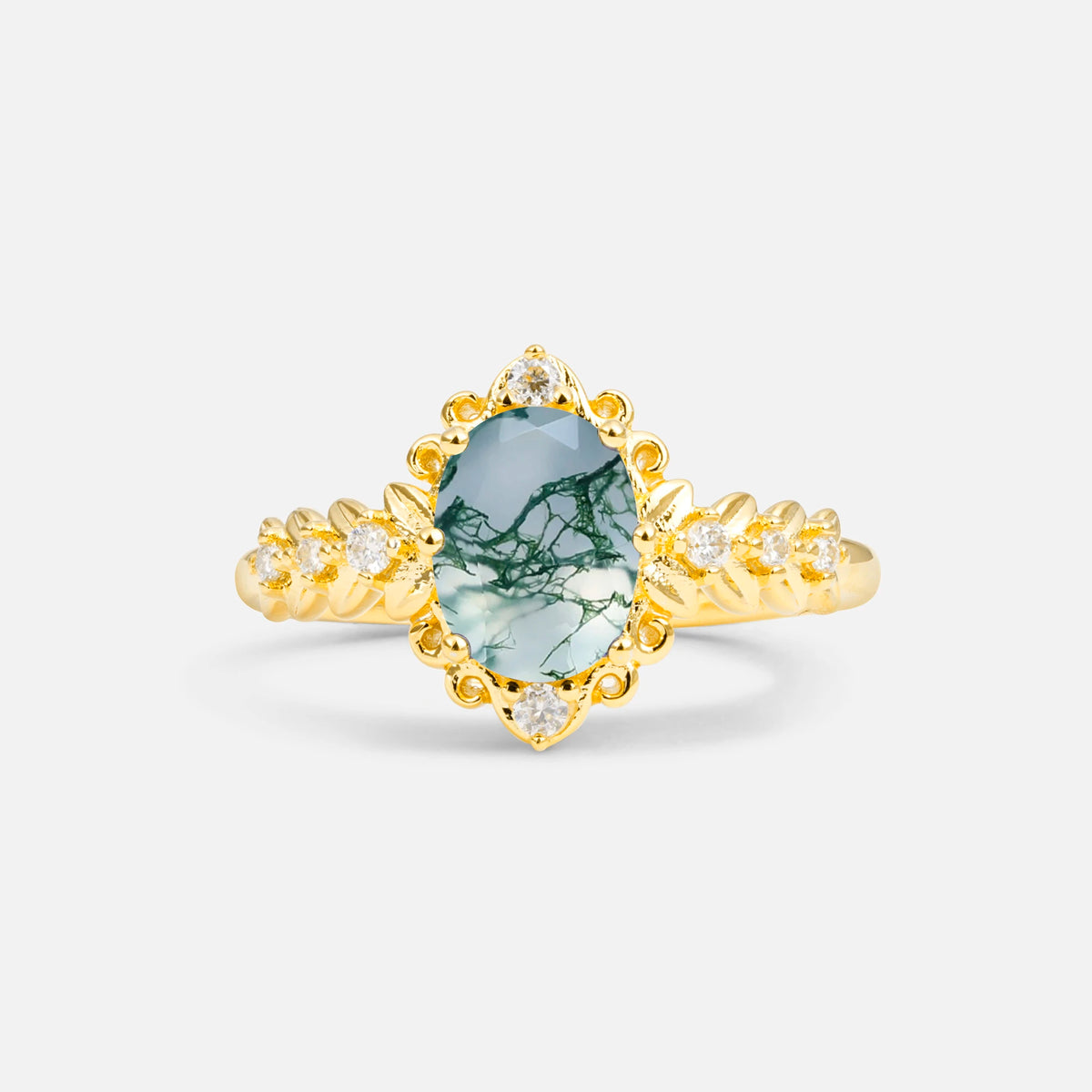 Oval Cut Moss Agate Floral Leaf Halo Engagement Ring - Additional view
