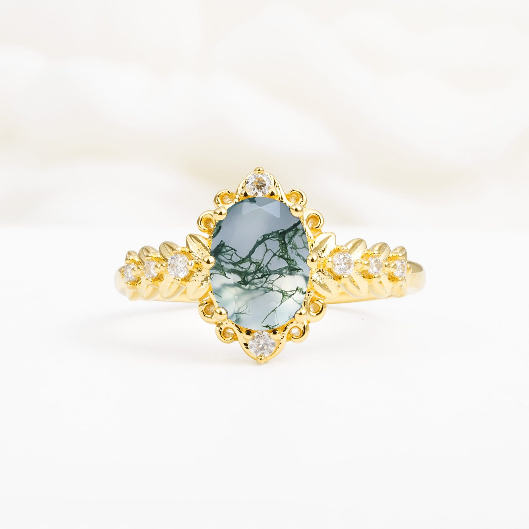 Oval Cut Moss Agate Floral Leaf Halo Engagement Ring - Additional view