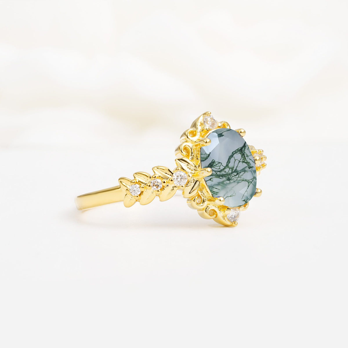Oval Cut Moss Agate Floral Leaf Halo Engagement Ring - Additional view