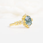 Oval Cut Moss Agate Floral Leaf Halo Engagement Ring - Additional view
