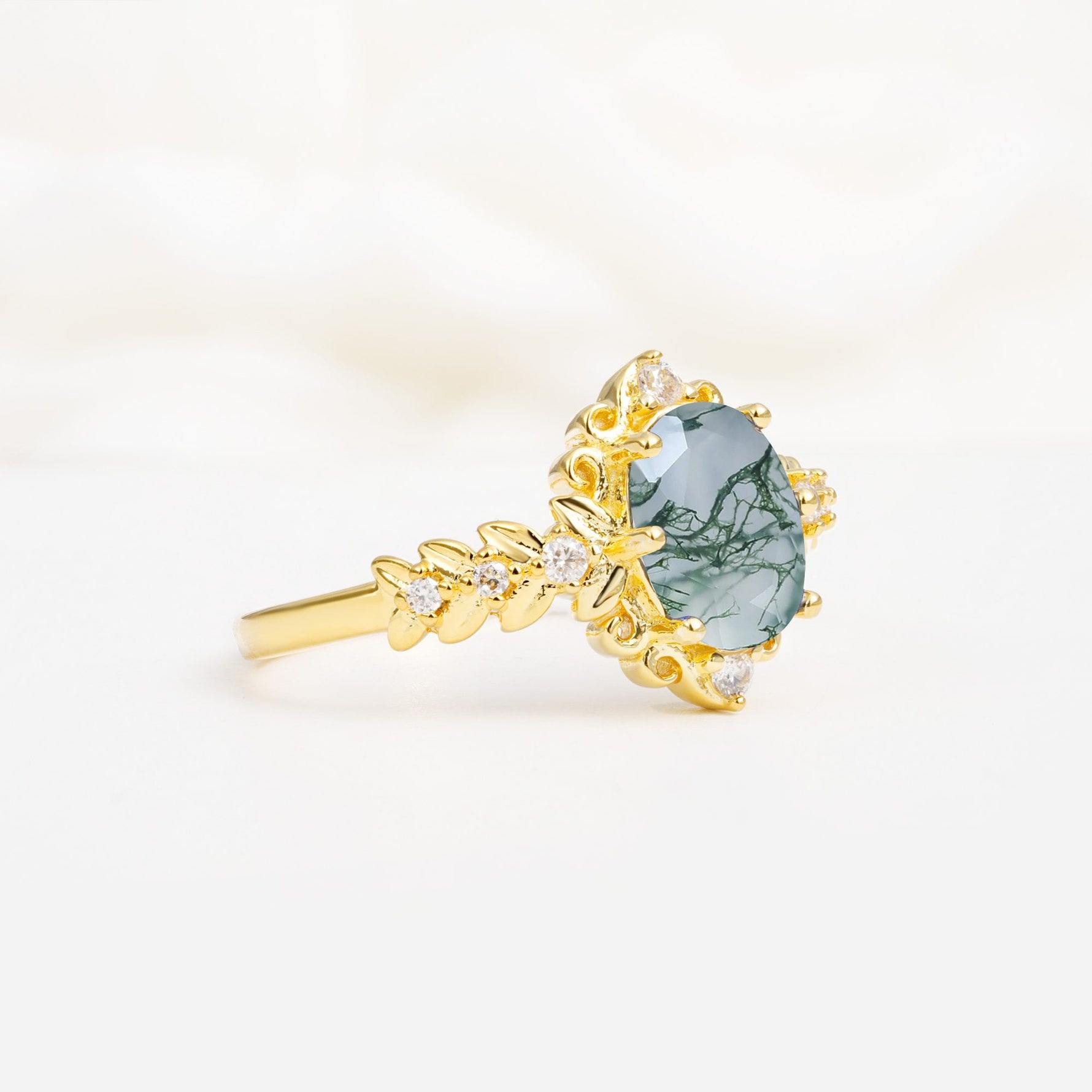 Oval Cut Moss Agate Floral Leaf Halo Engagement Ring - Additional view