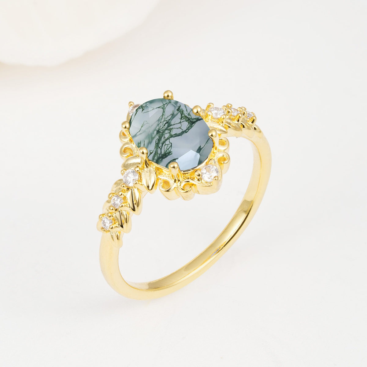 Oval Cut Moss Agate Floral Leaf Halo Engagement Ring - Additional view