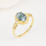 Oval Cut Moss Agate Floral Leaf Halo Engagement Ring - Additional view