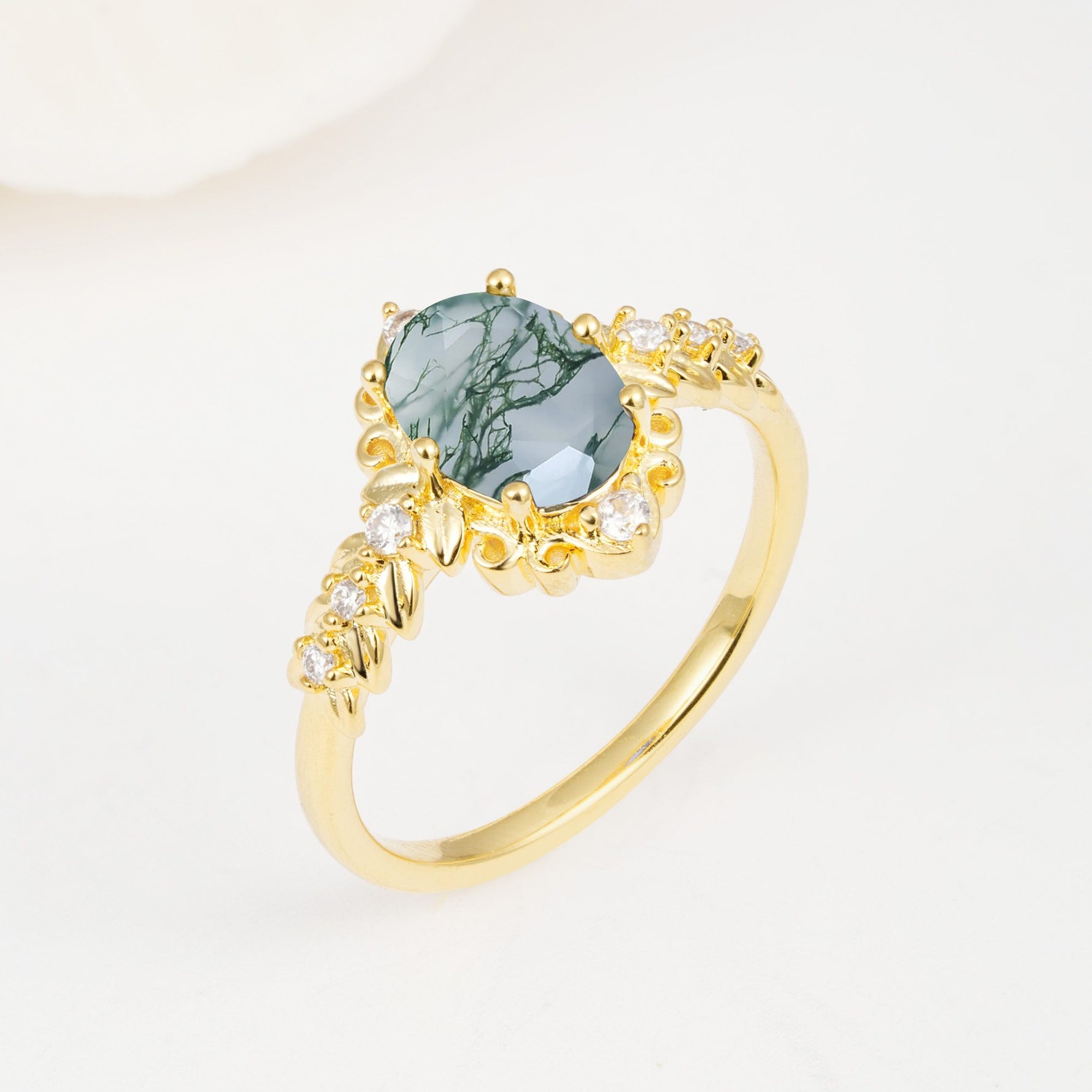 Oval Cut Moss Agate Floral Leaf Halo Engagement Ring - Additional view