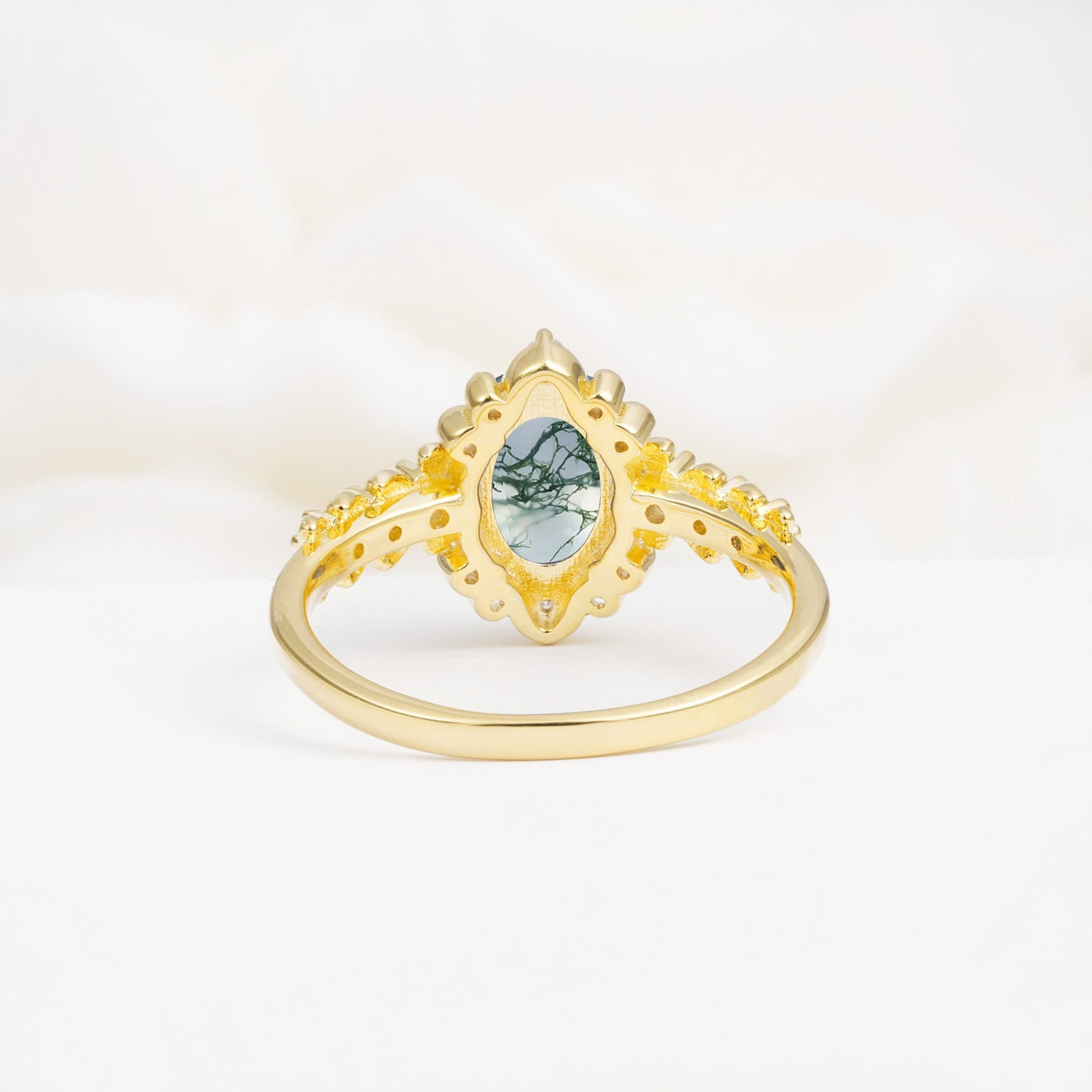 Oval Cut Moss Agate Floral Leaf Halo Engagement Ring - Additional view