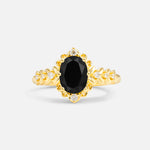 Oval Cut Black Onyx Floral Leaf Halo Engagement Ring - Additional view