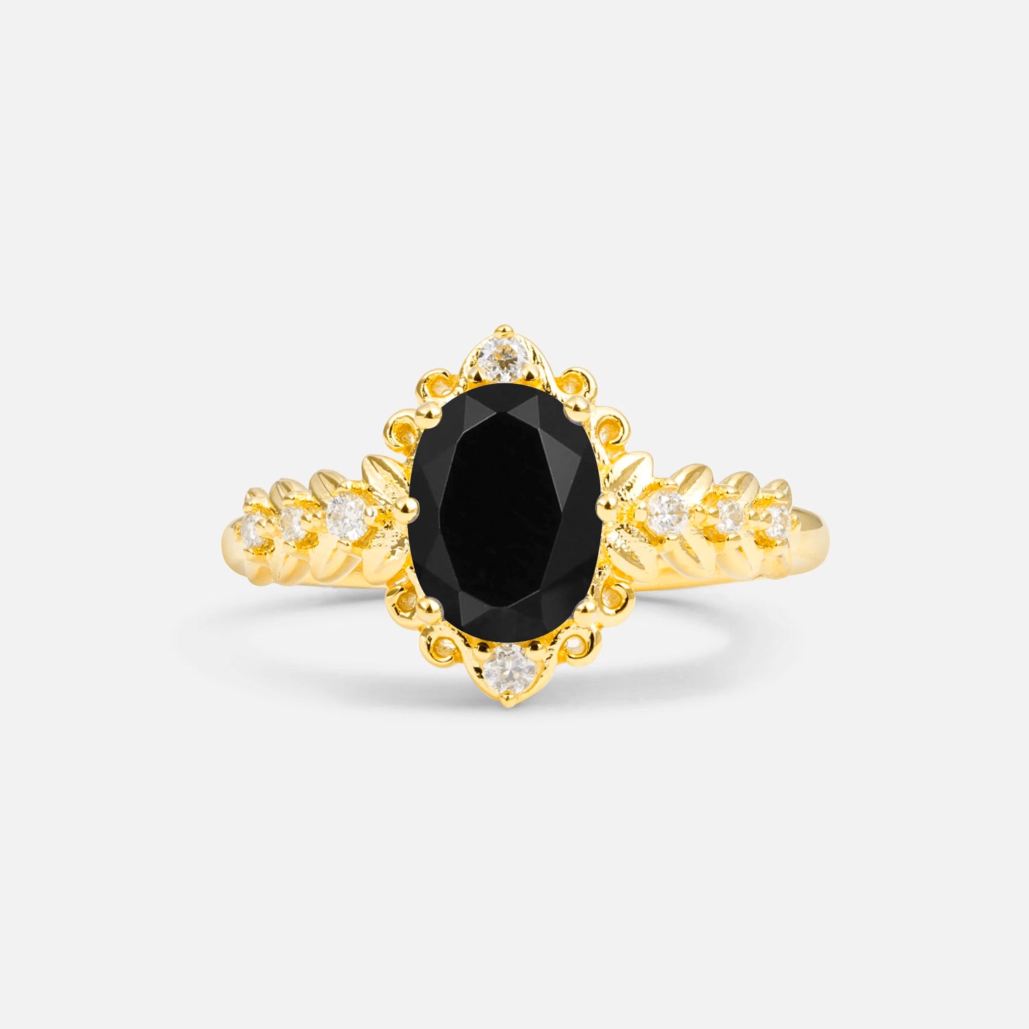 Oval Cut Black Onyx Floral Leaf Halo Engagement Ring - Additional view