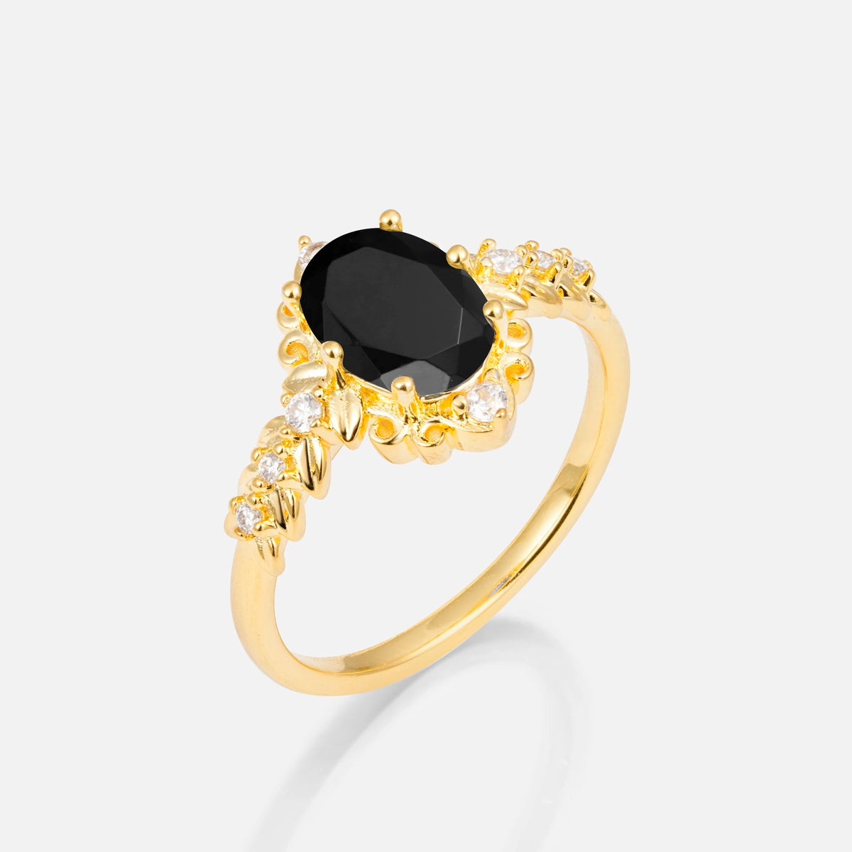 Oval Cut Black Onyx Floral Leaf Halo Engagement Ring - Additional view