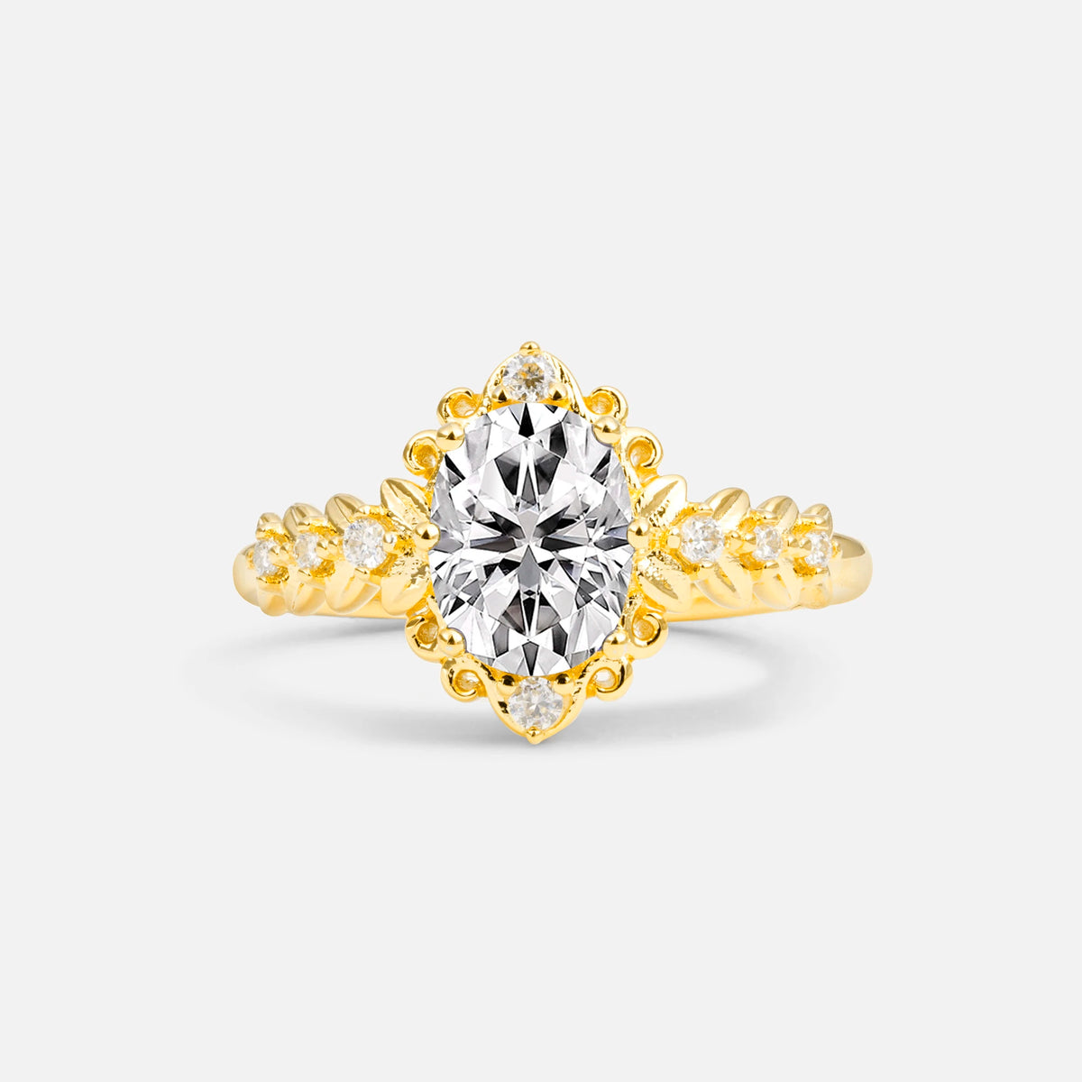 Oval Cut Lab Diamond Floral Leaf Halo Engagement Ring - Additional view
