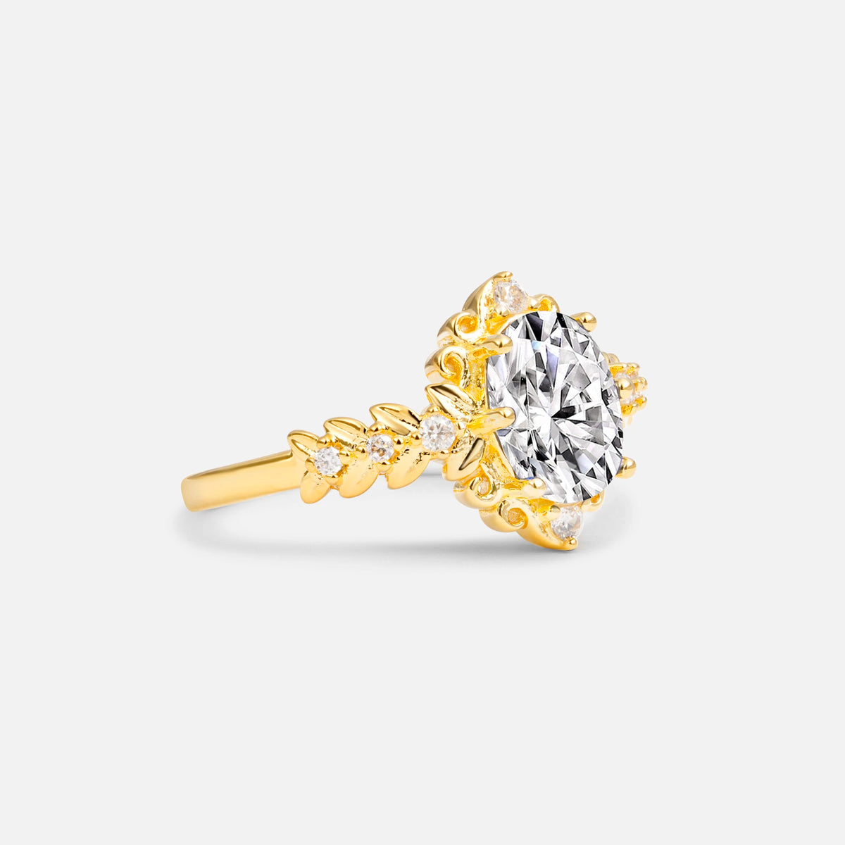 Oval Cut Lab Diamond Floral Leaf Halo Engagement Ring - Additional view