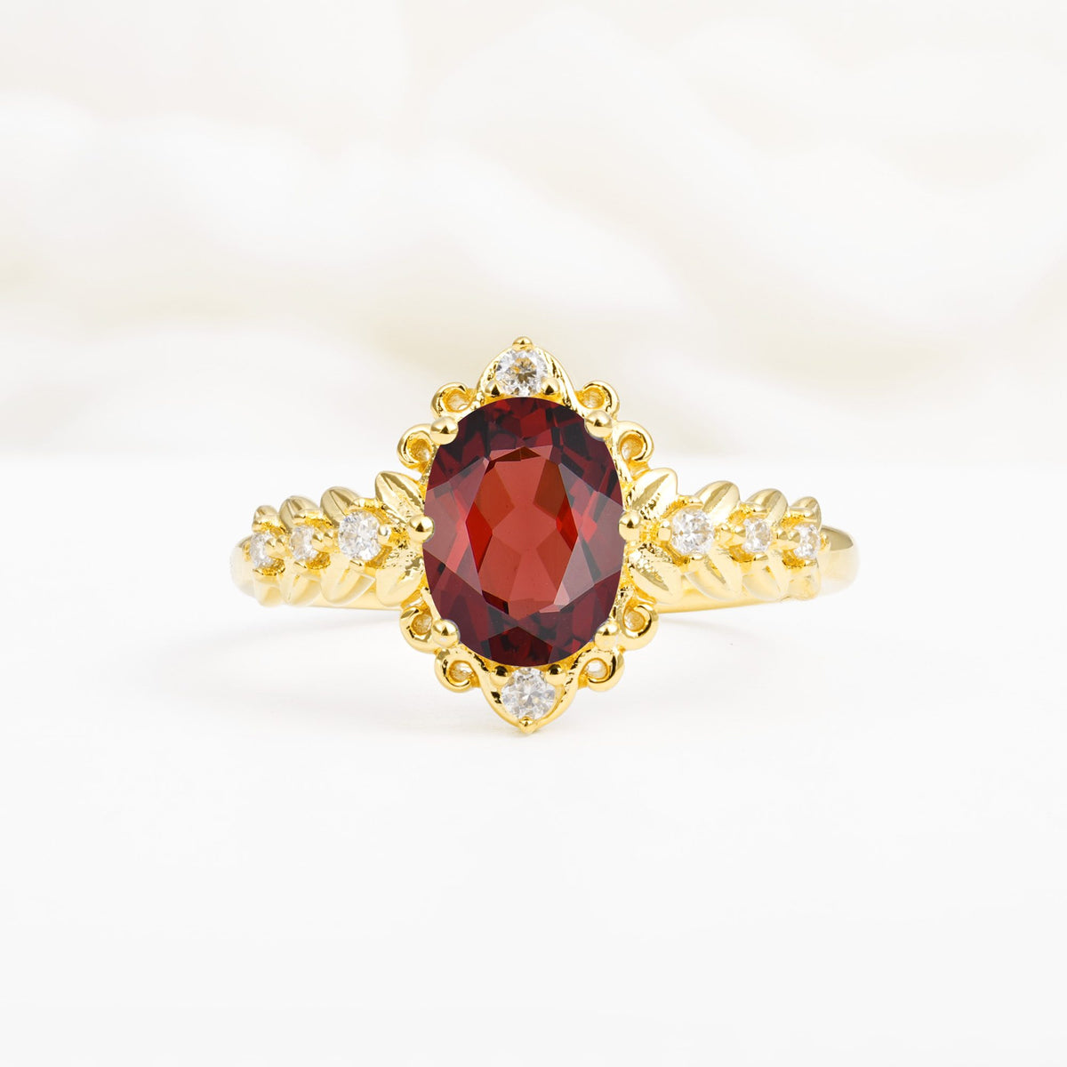Oval Cut Garnet Floral Leaf Halo Engagement Ring - Additional view