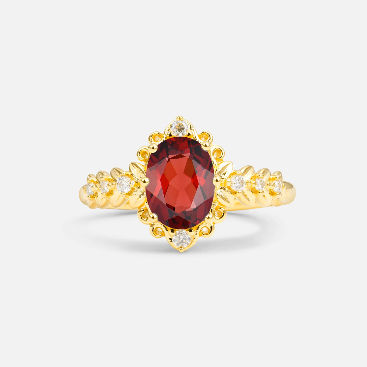 Oval Cut Garnet Floral Leaf Halo Engagement Ring - Additional view