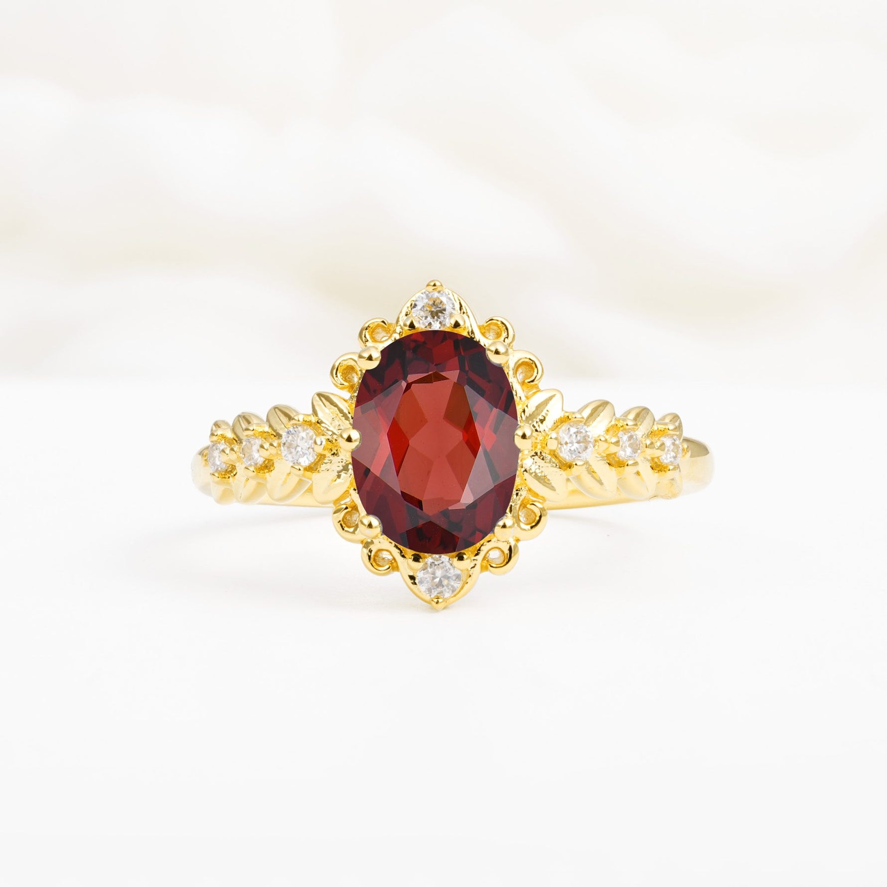 Oval Cut Garnet Floral Leaf Halo Engagement Ring - Additional view