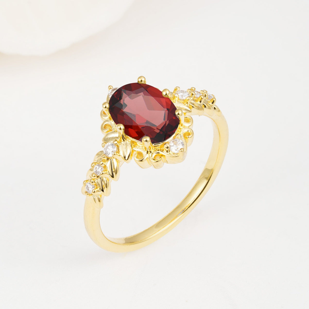 Oval Cut Garnet Floral Leaf Halo Engagement Ring - Additional view