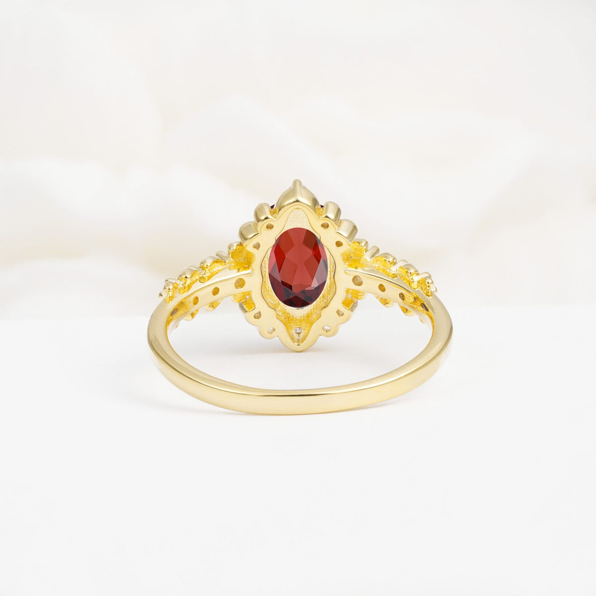 Oval Cut Garnet Floral Leaf Halo Engagement Ring - Additional view