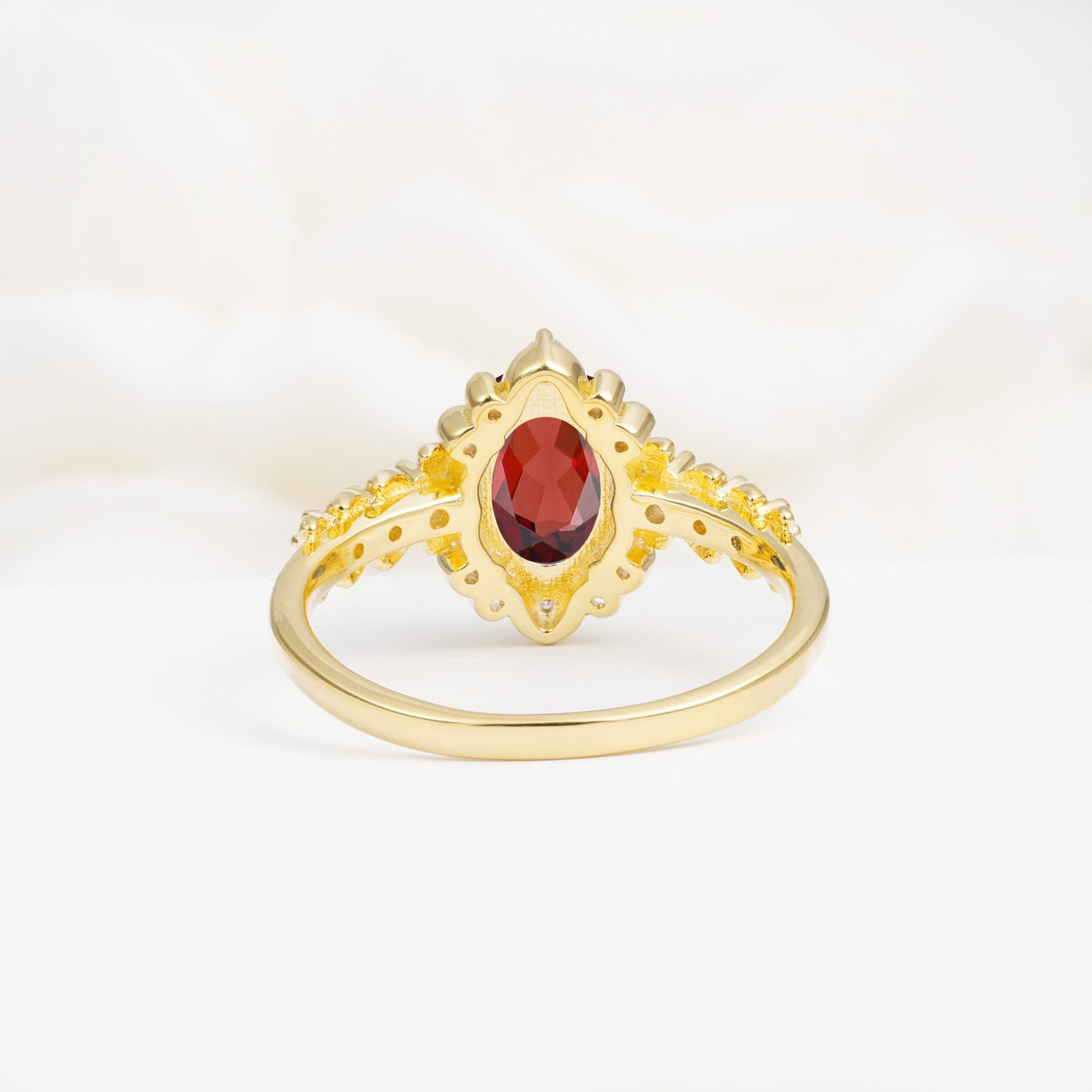 Oval Cut Garnet Floral Leaf Halo Engagement Ring - Additional view