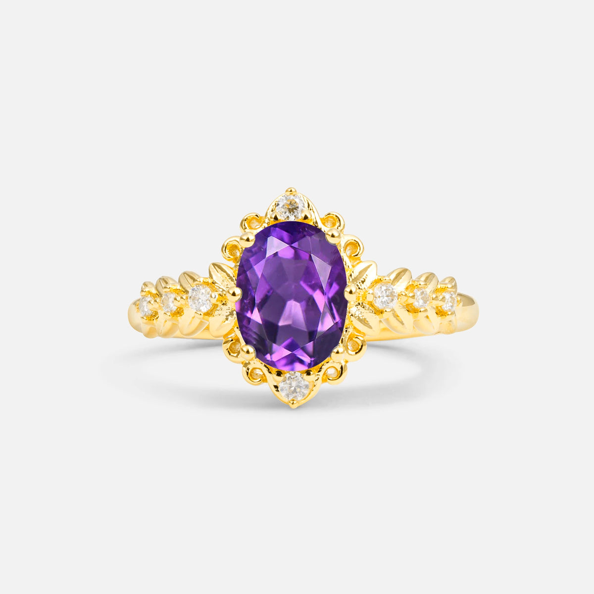Oval Cut Amethyst Floral Leaf Halo Engagement Ring - Additional view
