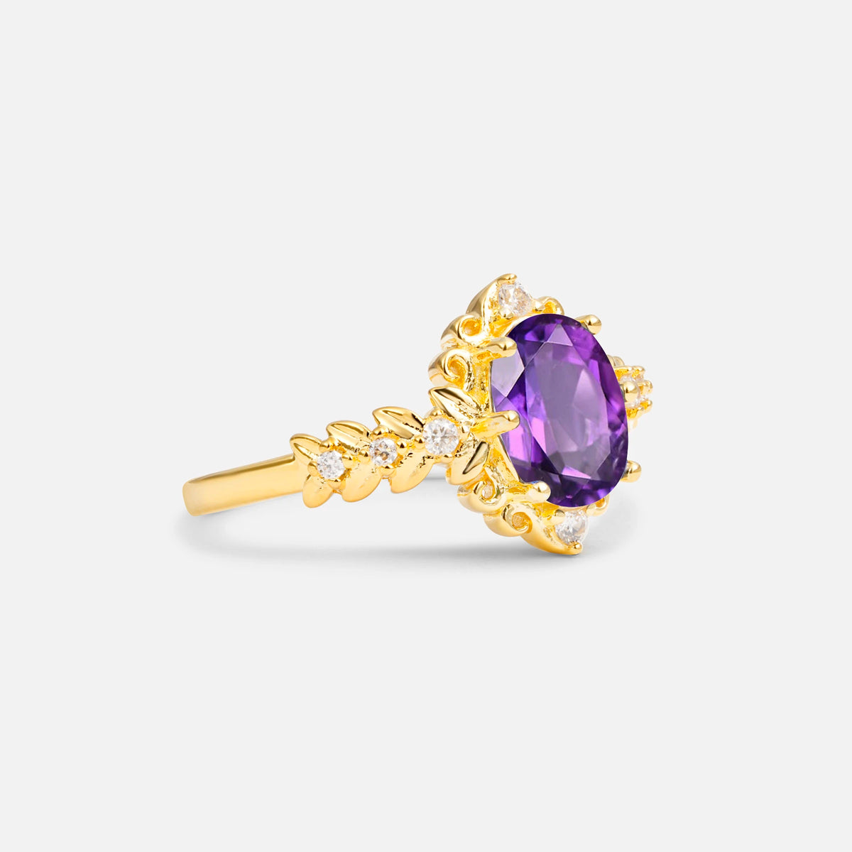 Oval Cut Amethyst Floral Leaf Halo Engagement Ring - Additional view