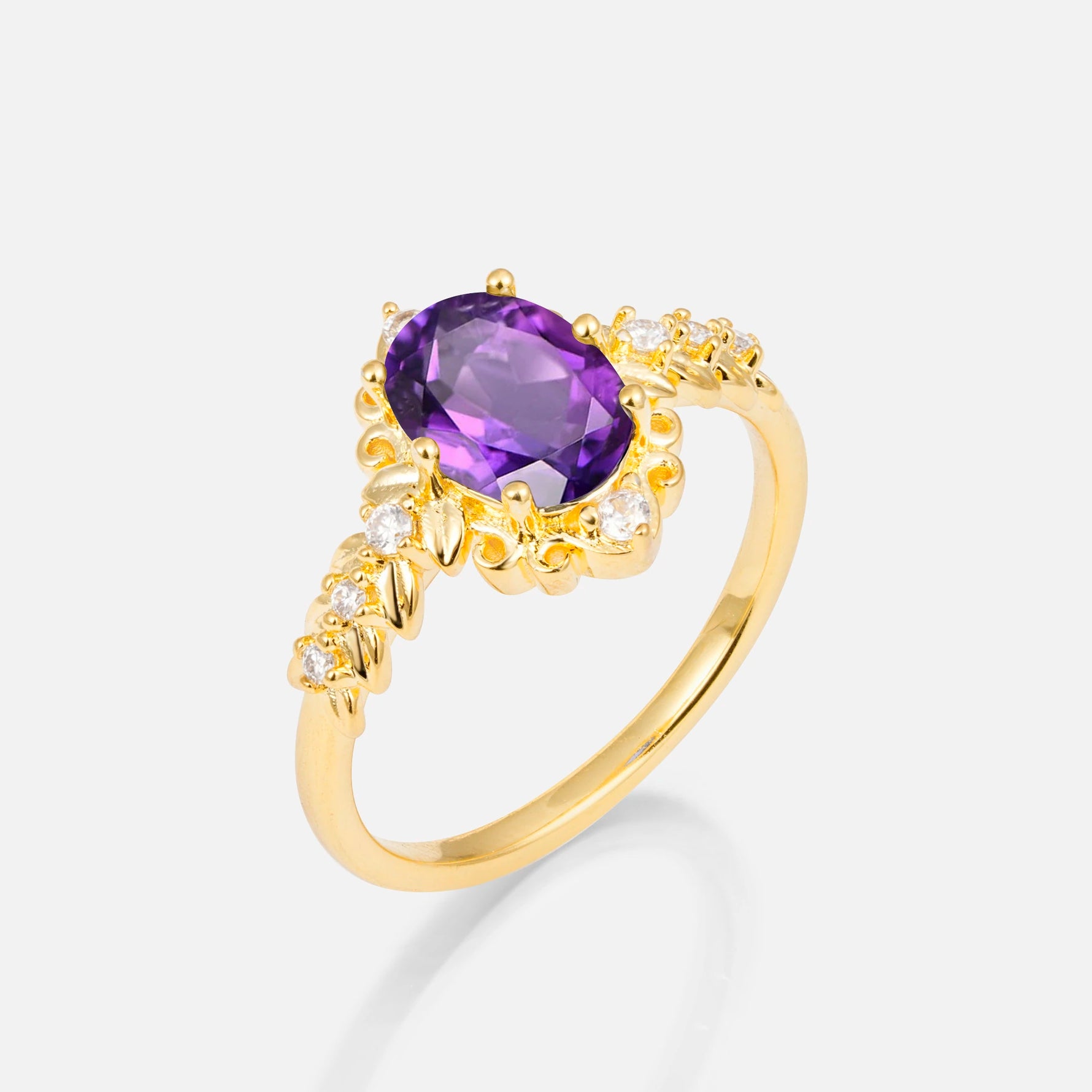 Oval Cut Amethyst Floral Leaf Halo Engagement Ring - Additional view