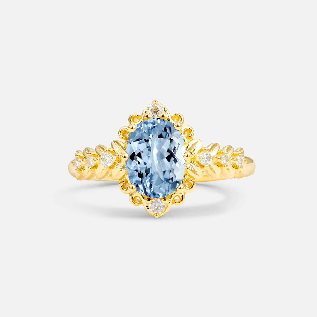 Oval Cut Aquamarine Floral Leaf Halo Engagement Ring - Additional view