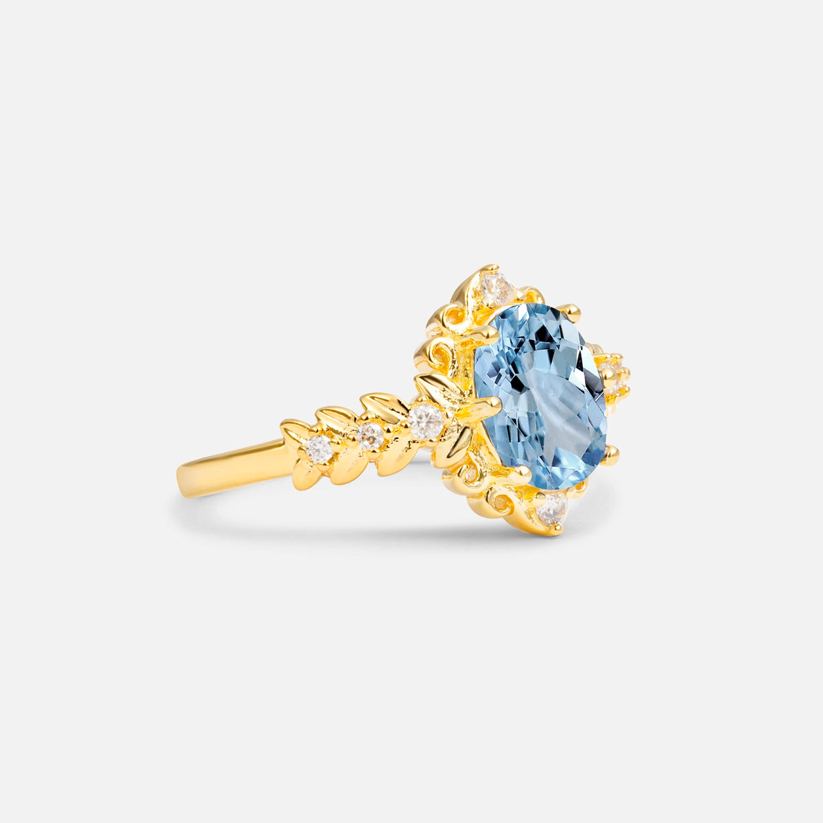 Oval Cut Aquamarine Floral Leaf Halo Engagement Ring - Additional view