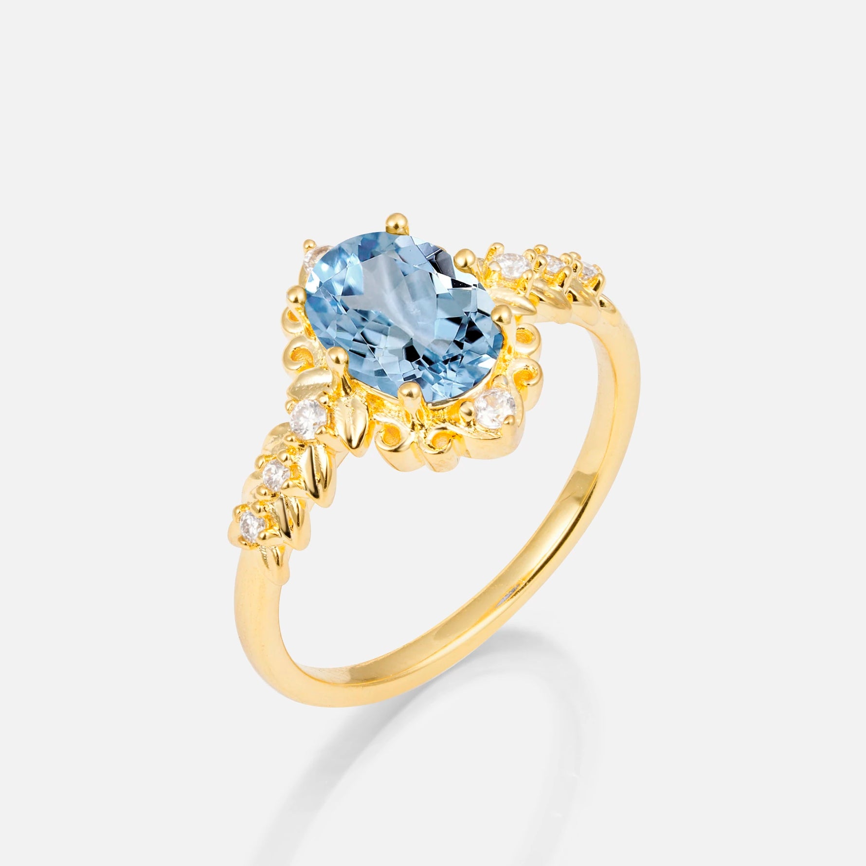 Oval Cut Aquamarine Floral Leaf Halo Engagement Ring - Additional view