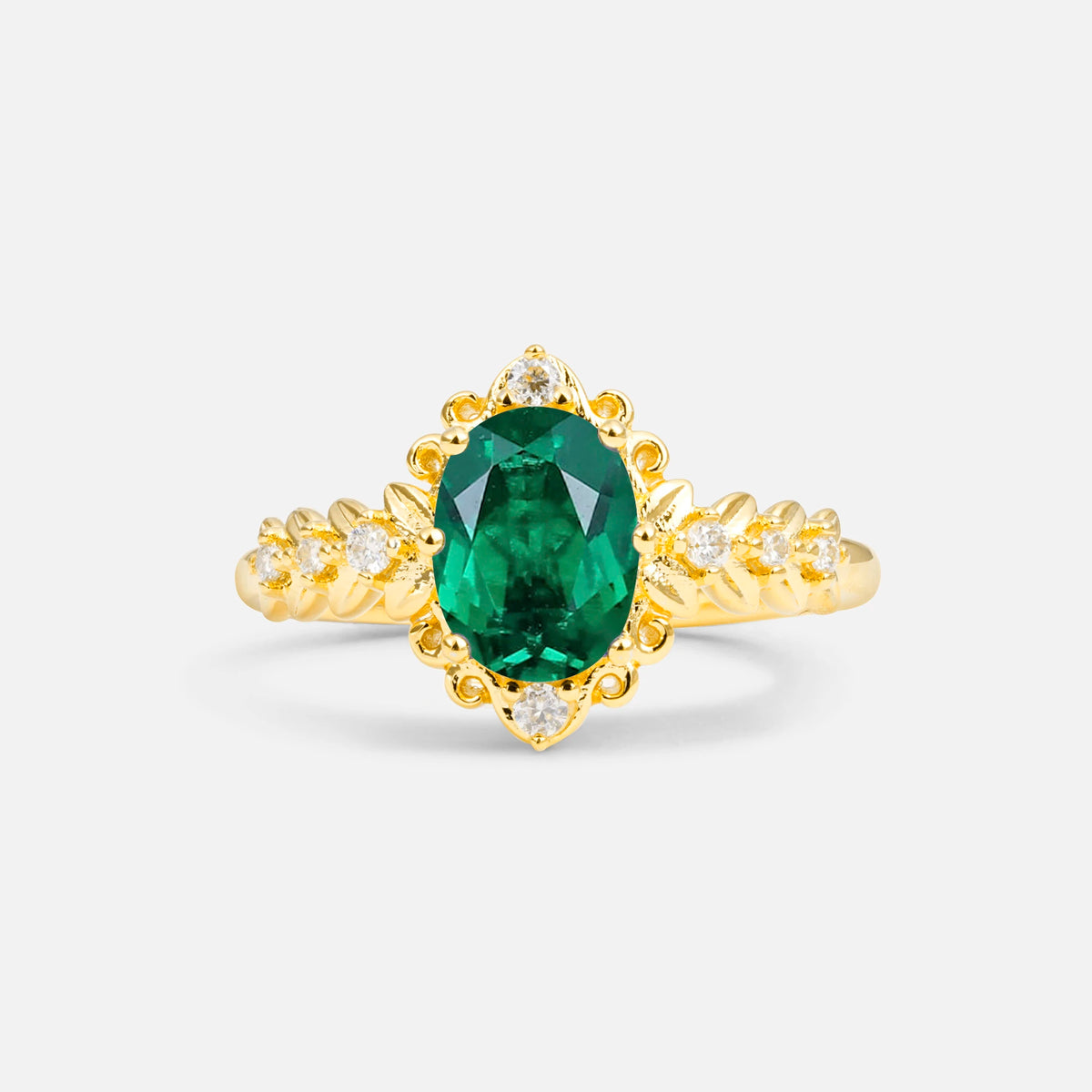 Oval Cut Emerald Floral Leaf Halo Engagement Ring - Additional view