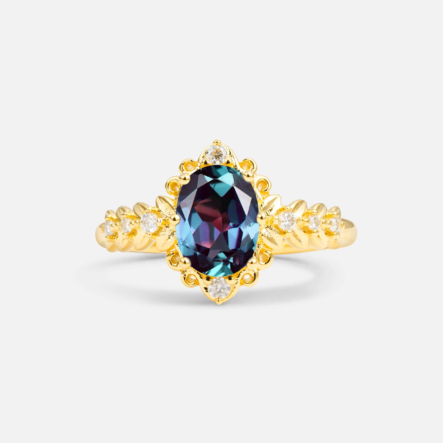 Oval Cut Alexandrite Floral Leaf Halo Engagement Ring - Additional view