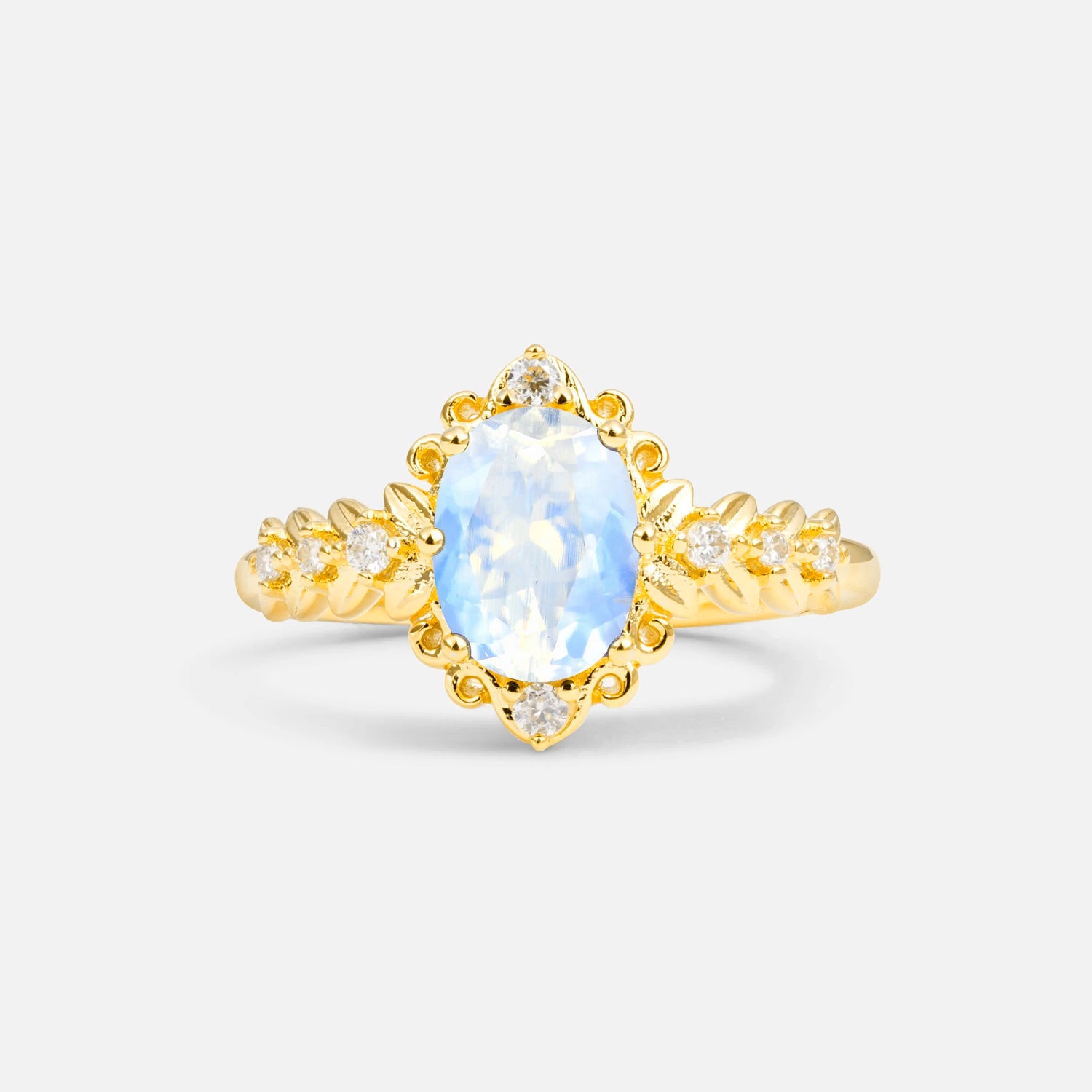 Oval Cut Moonstone Floral Leaf Halo Engagement Ring - Additional view