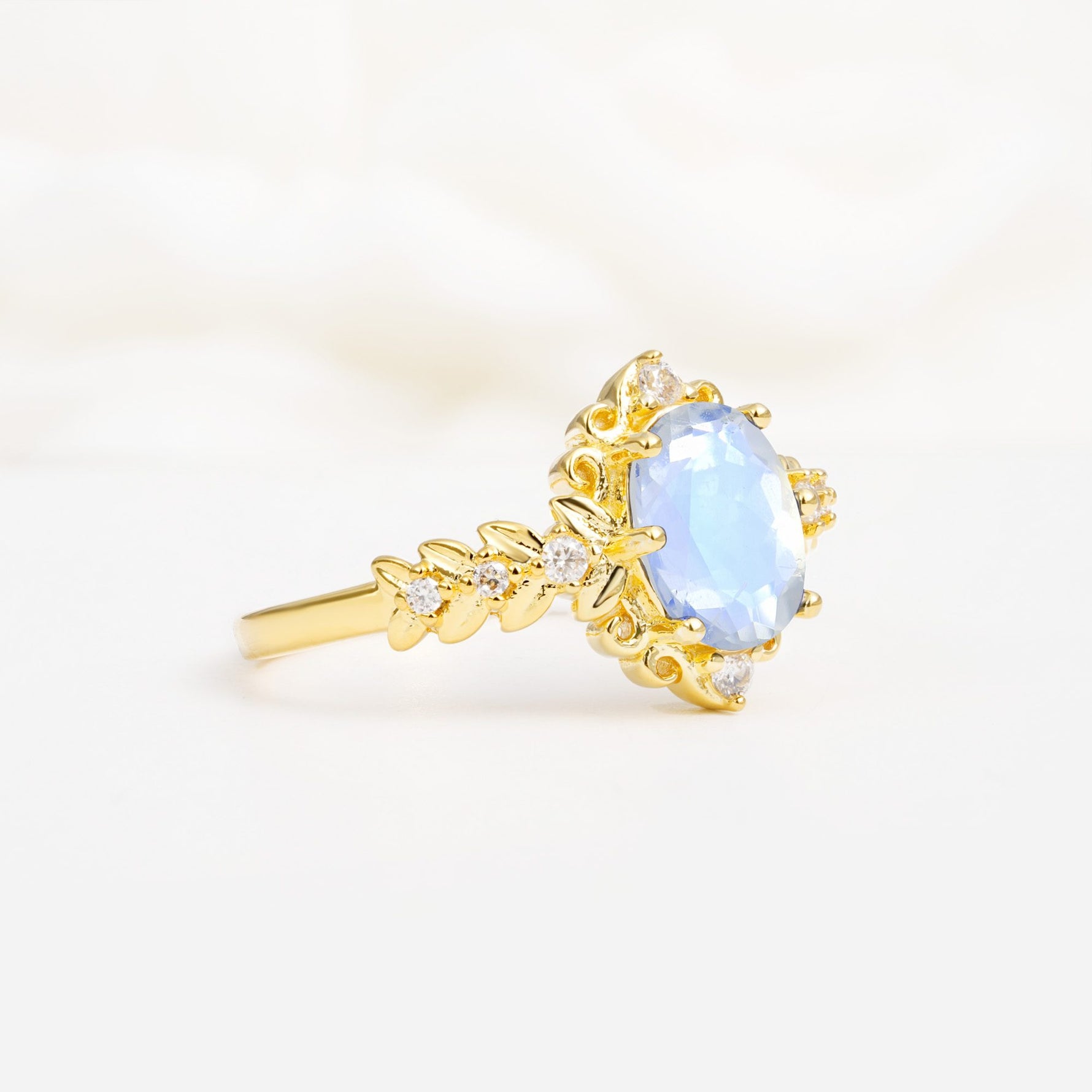 Oval Cut Moonstone Floral Leaf Halo Engagement Ring - Additional view