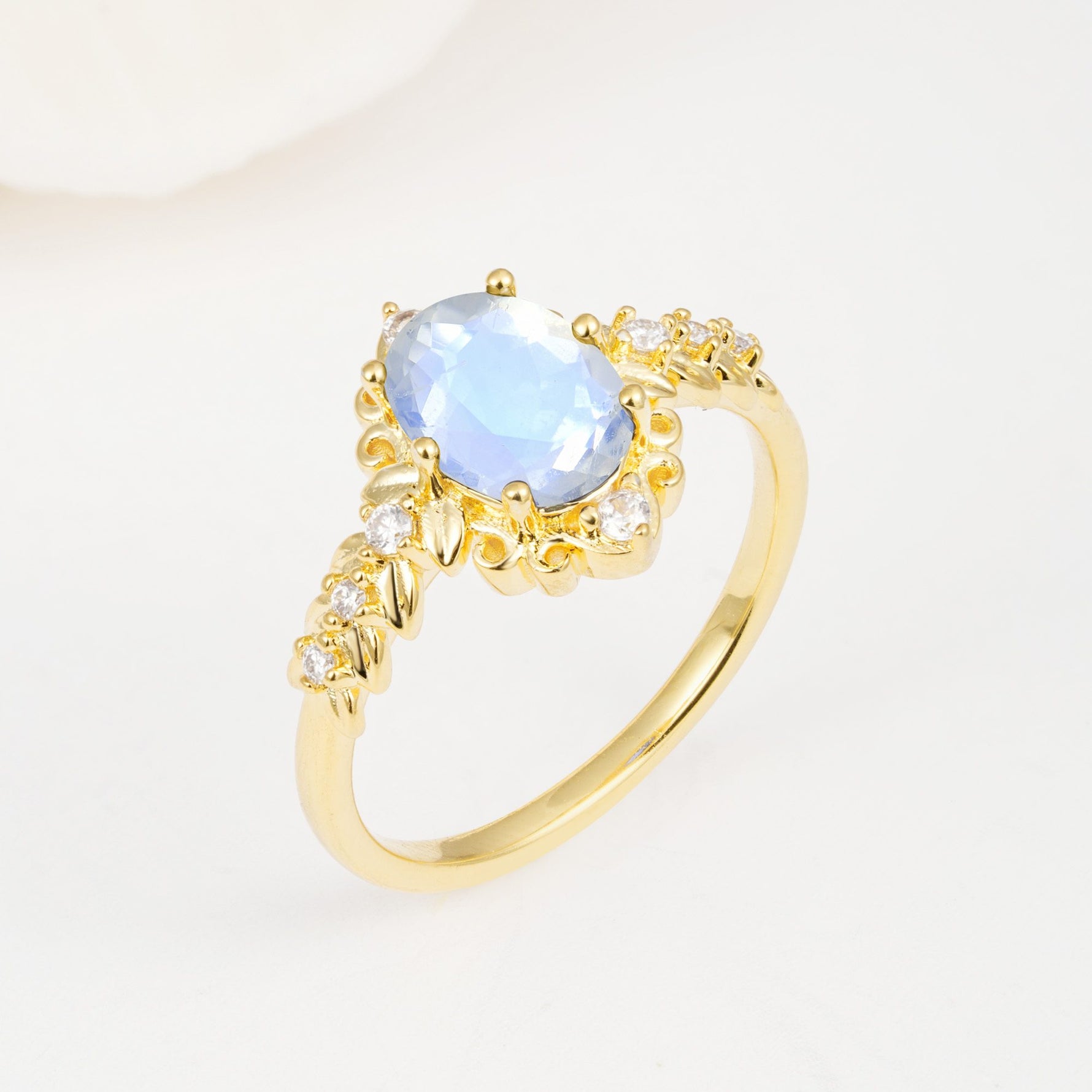 Oval Cut Moonstone Floral Leaf Halo Engagement Ring - Additional view