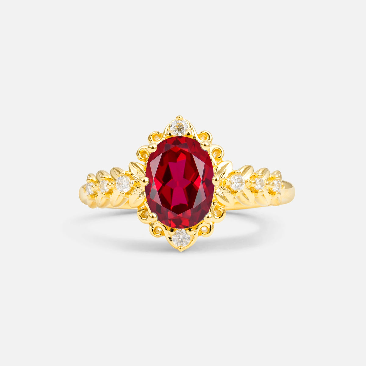 Oval Cut Ruby Floral Leaf Halo Engagement Ring - Additional view