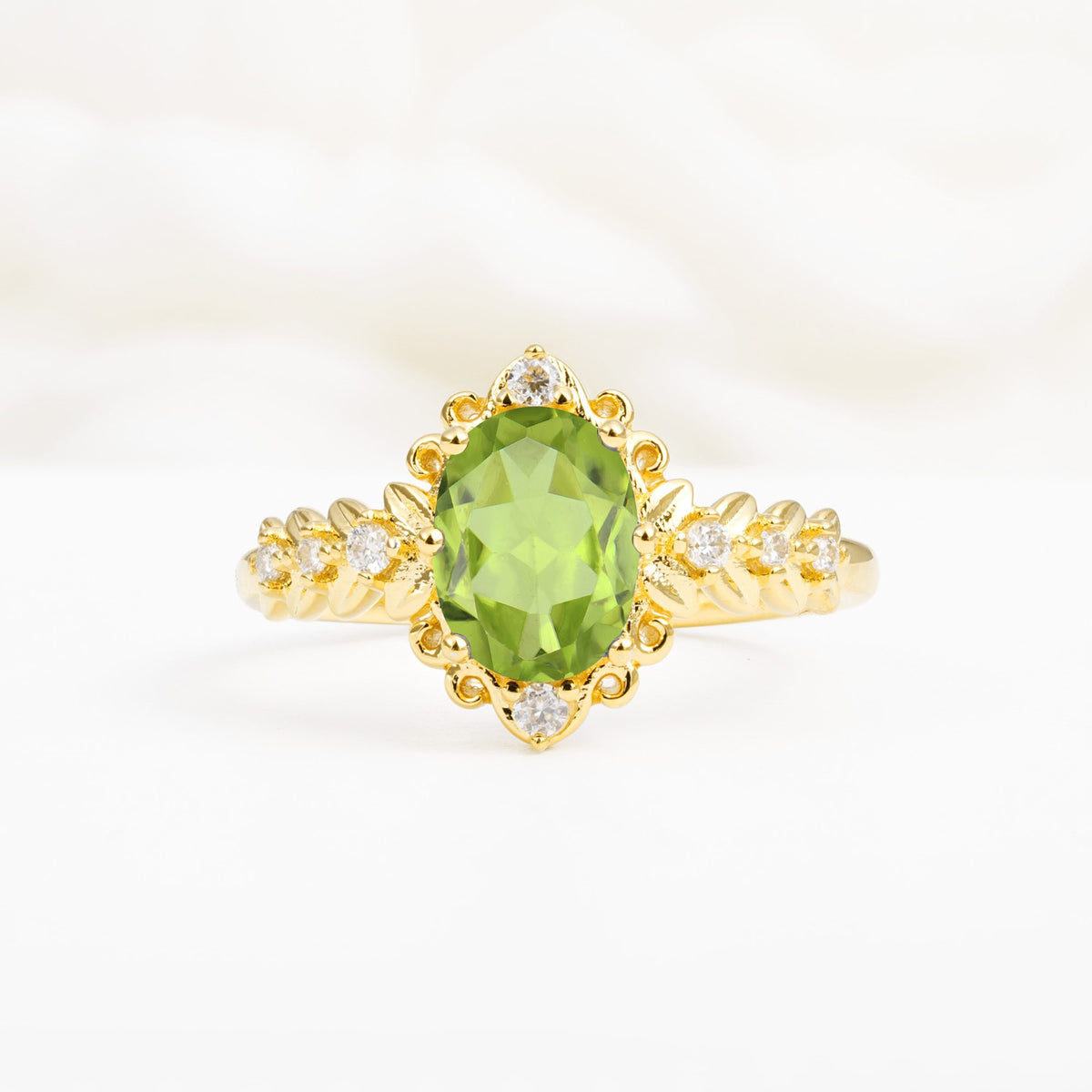 Oval Cut Peridot Floral Leaf Halo Engagement Ring - Additional view