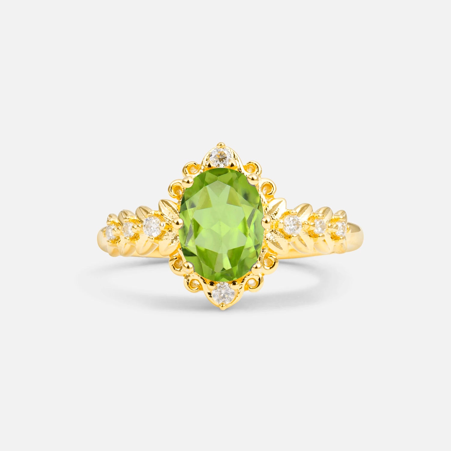 Oval Cut Peridot Floral Leaf Halo Engagement Ring - Additional view