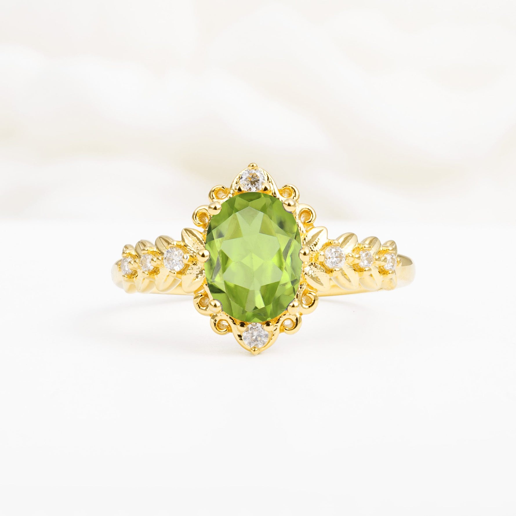Oval Cut Peridot Floral Leaf Halo Engagement Ring - Additional view