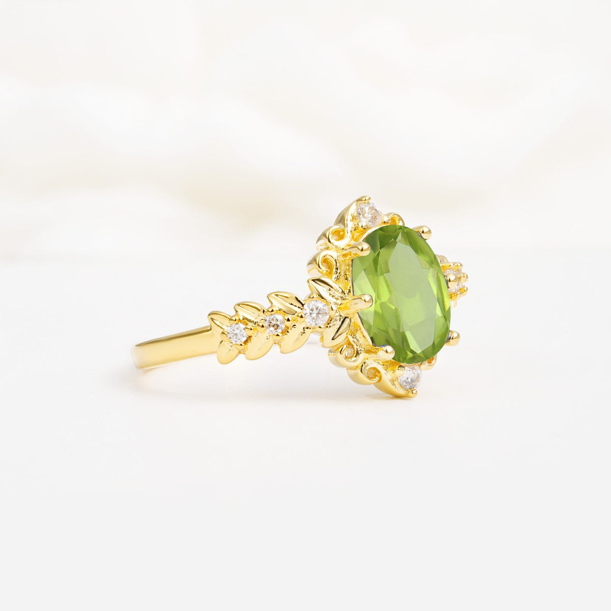 Oval Cut Peridot Floral Leaf Halo Engagement Ring - Additional view