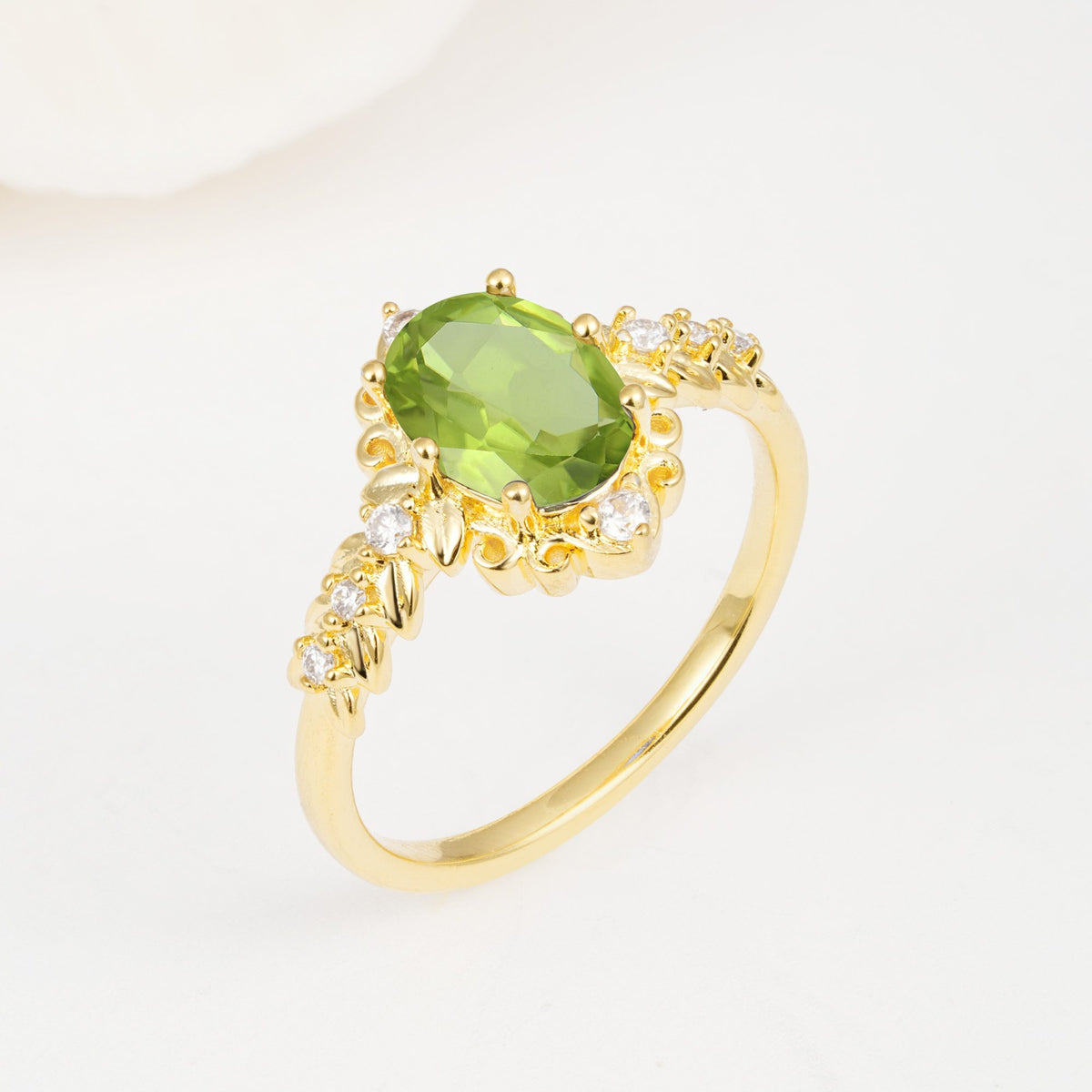 Oval Cut Peridot Floral Leaf Halo Engagement Ring - Additional view