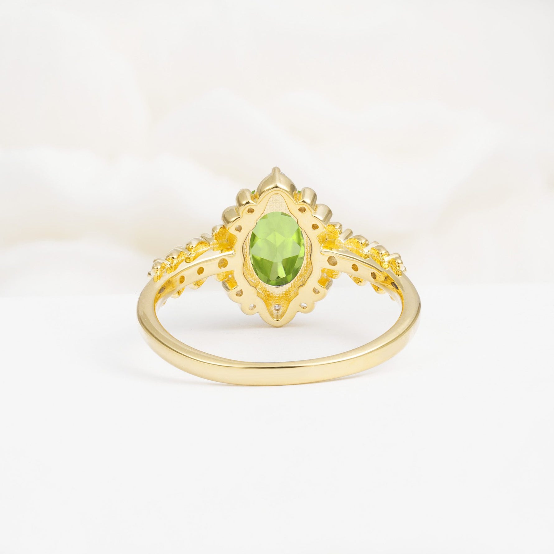 Oval Cut Peridot Floral Leaf Halo Engagement Ring - Additional view