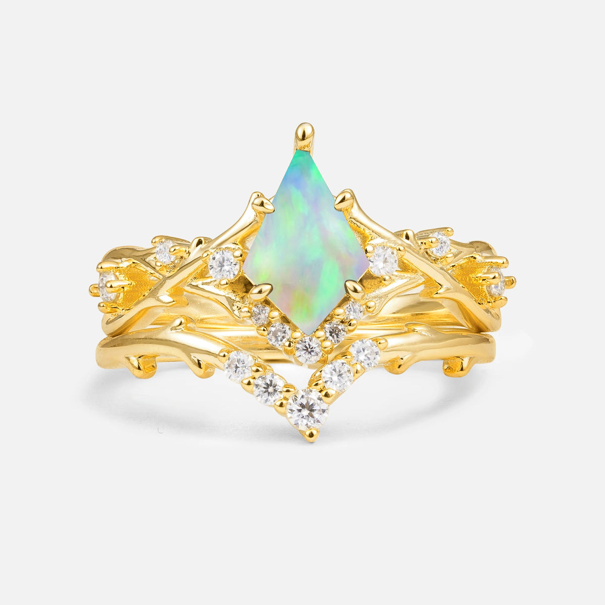 Natural Inspired Kite-Cut Fire Opal Bridal Ring Set