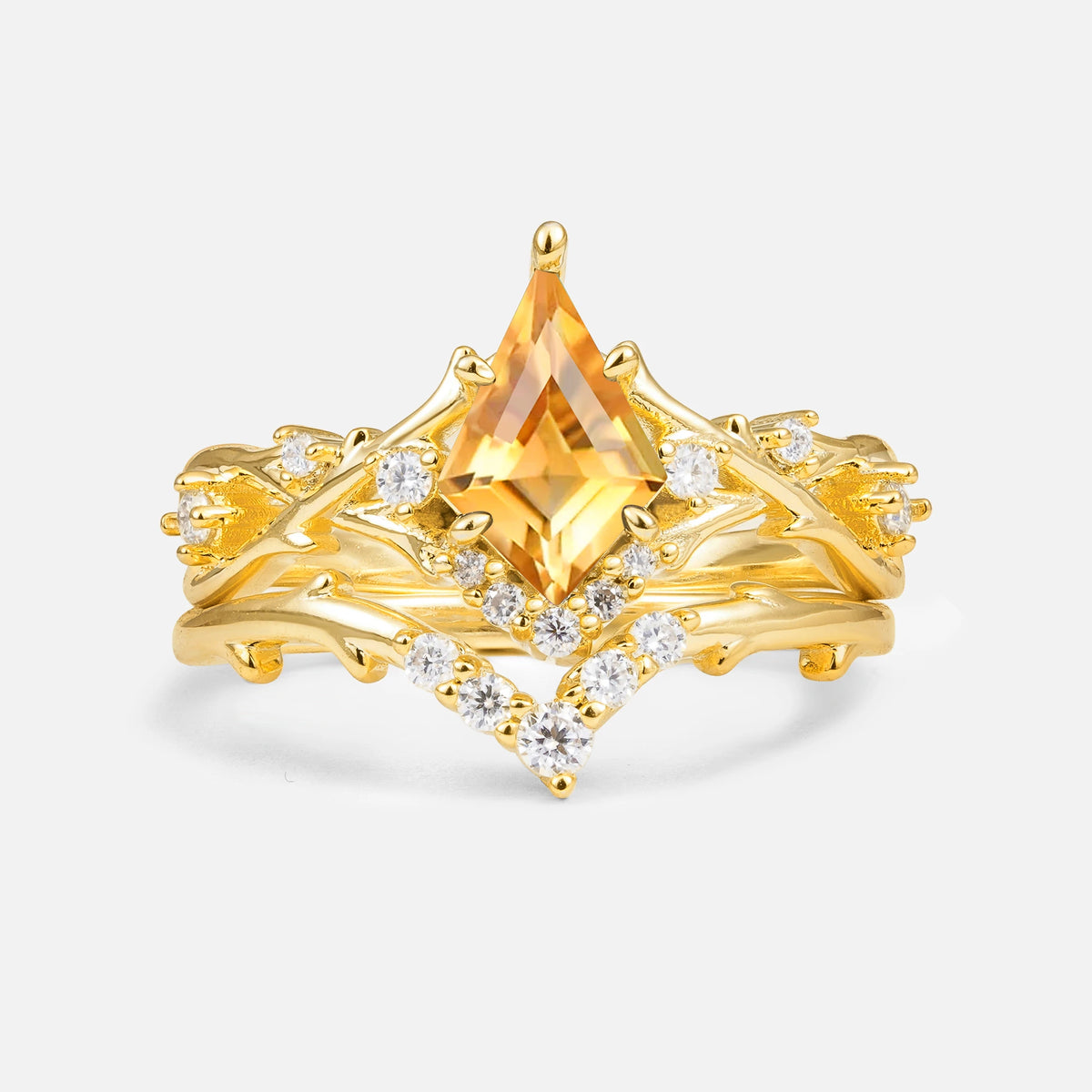Natural Inspired Kite-Cut Citrine Bridal Ring Set
