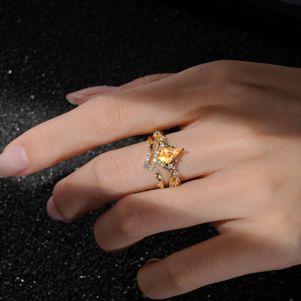Natural Inspired Kite-Cut Citrine Bridal Ring Set