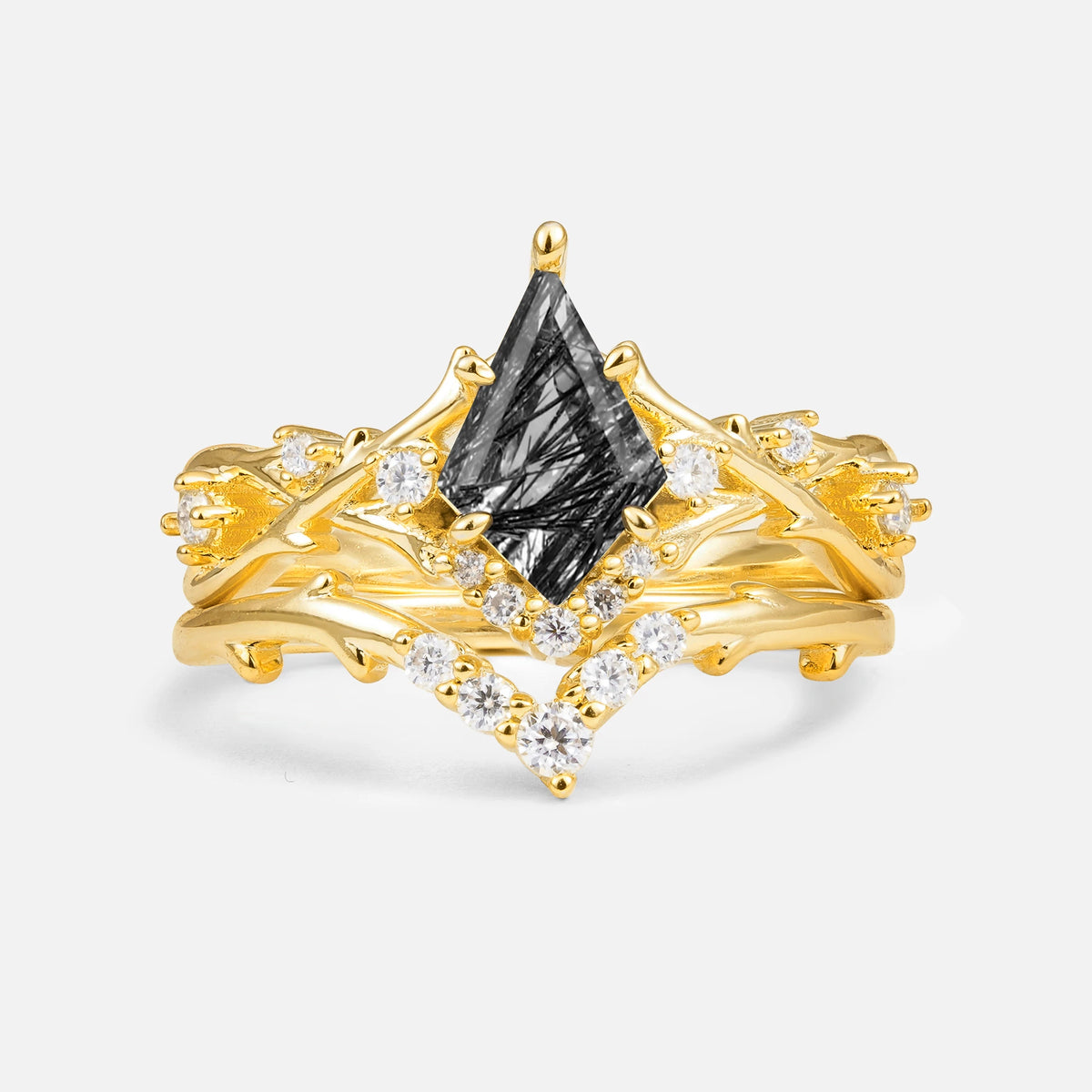 Natural Inspired Kite-Cut Black Rutilated Quartz Bridal Ring Set