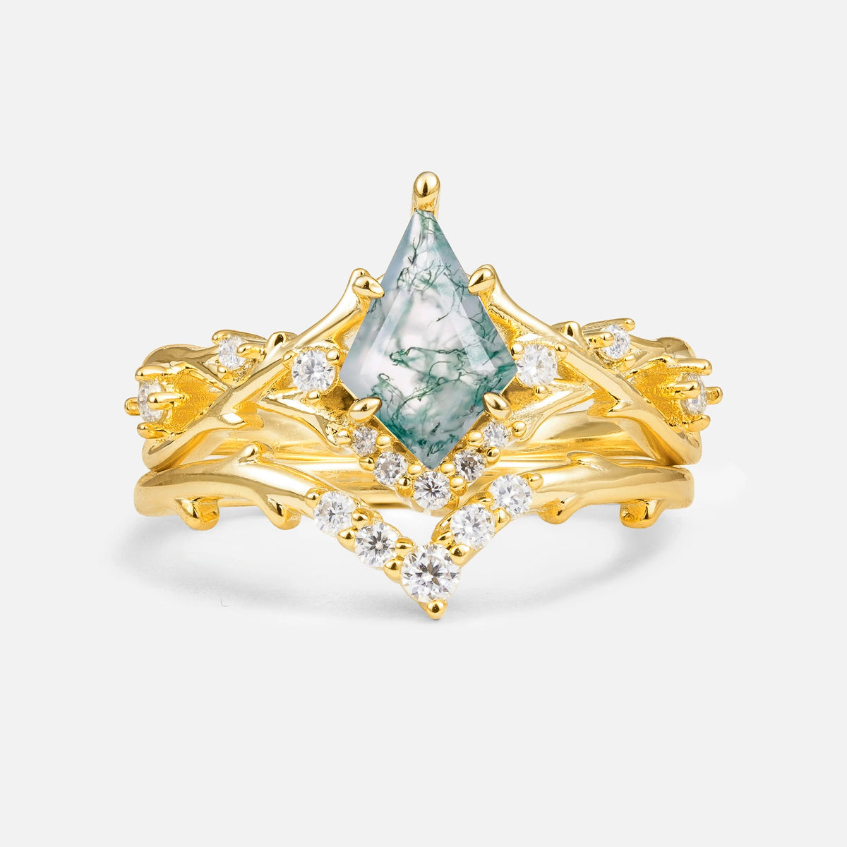 Natural Inspired Kite-Cut Moss Agate Bridal Ring Set